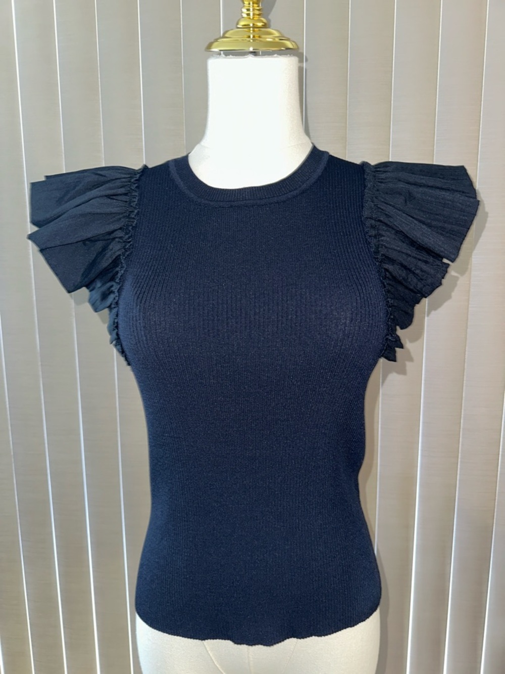 Navy Ruffled Sleeve Knit Tank Top